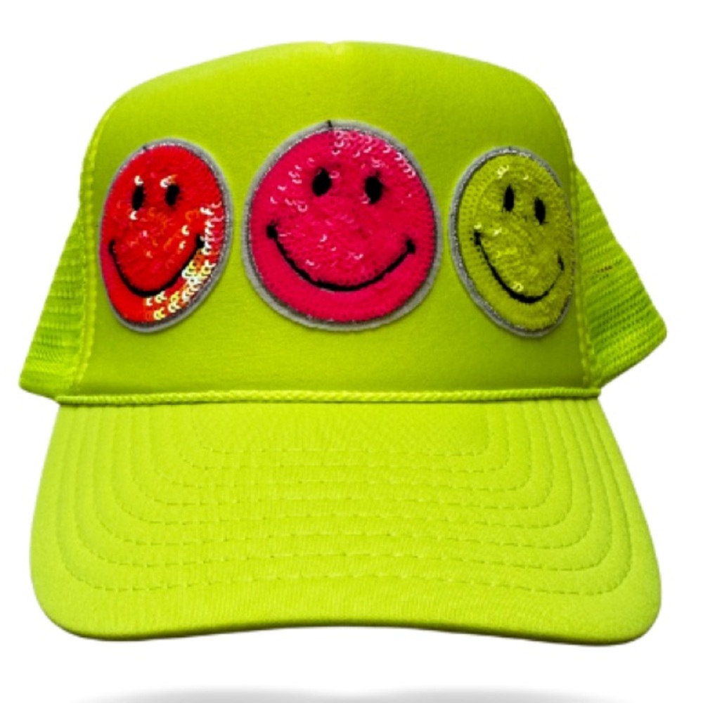 Neon Tri Smiley Sequin Foam Front Trucker Hat